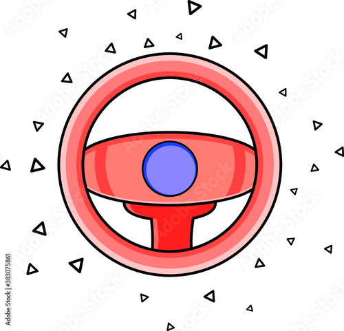 A steering wheel. A cartoon image of steering wheel. A red coloured steering wheel.