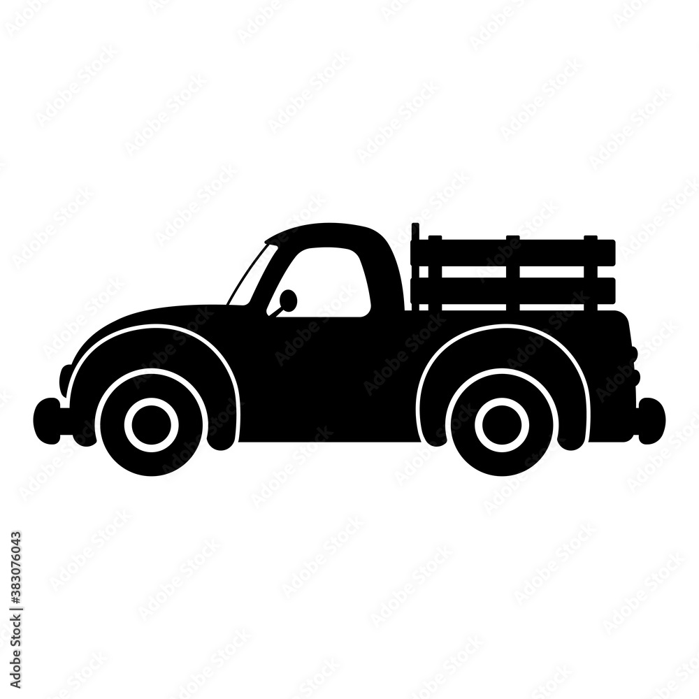 Pickup truck icon. Old farm car. Black silhouette. Side view. Vector flat graphic illustration. The isolated object on a white background. Isolate. Pickup truck icon. Old farm car. Black silhouette. Side view. Vector flat graphic illustration. The isolated object on a white background. Isolate.