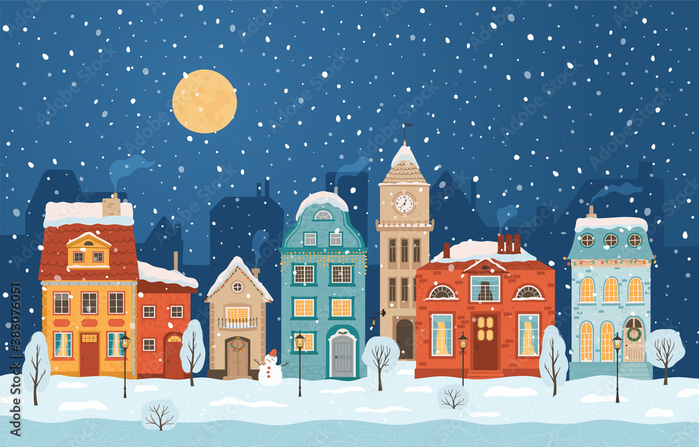 Winter night city in retro style. Christmas background with houses, moon, snowman. Cozy town in a flat style. Cartoon vector illustration.