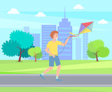 Playing boy with kite running in urban park at city buildings background, outdoors leisure or activity, summertime, childhood, little happy child teenager play with kite, playtime, cartoon character
