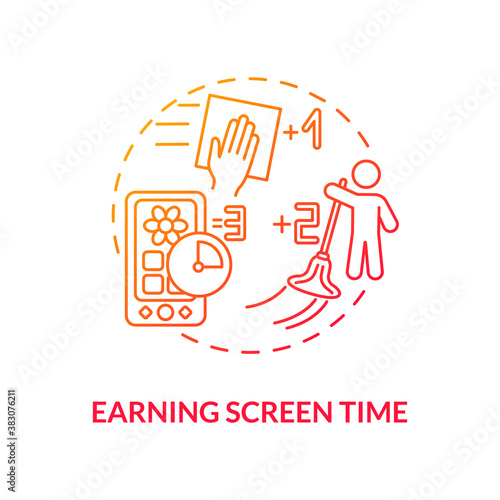Earning screen time concept icon. Screen addiction prevention idea thin line illustration. Reward system. Parental control. Free-time activities. Vector isolated outline RGB color drawing