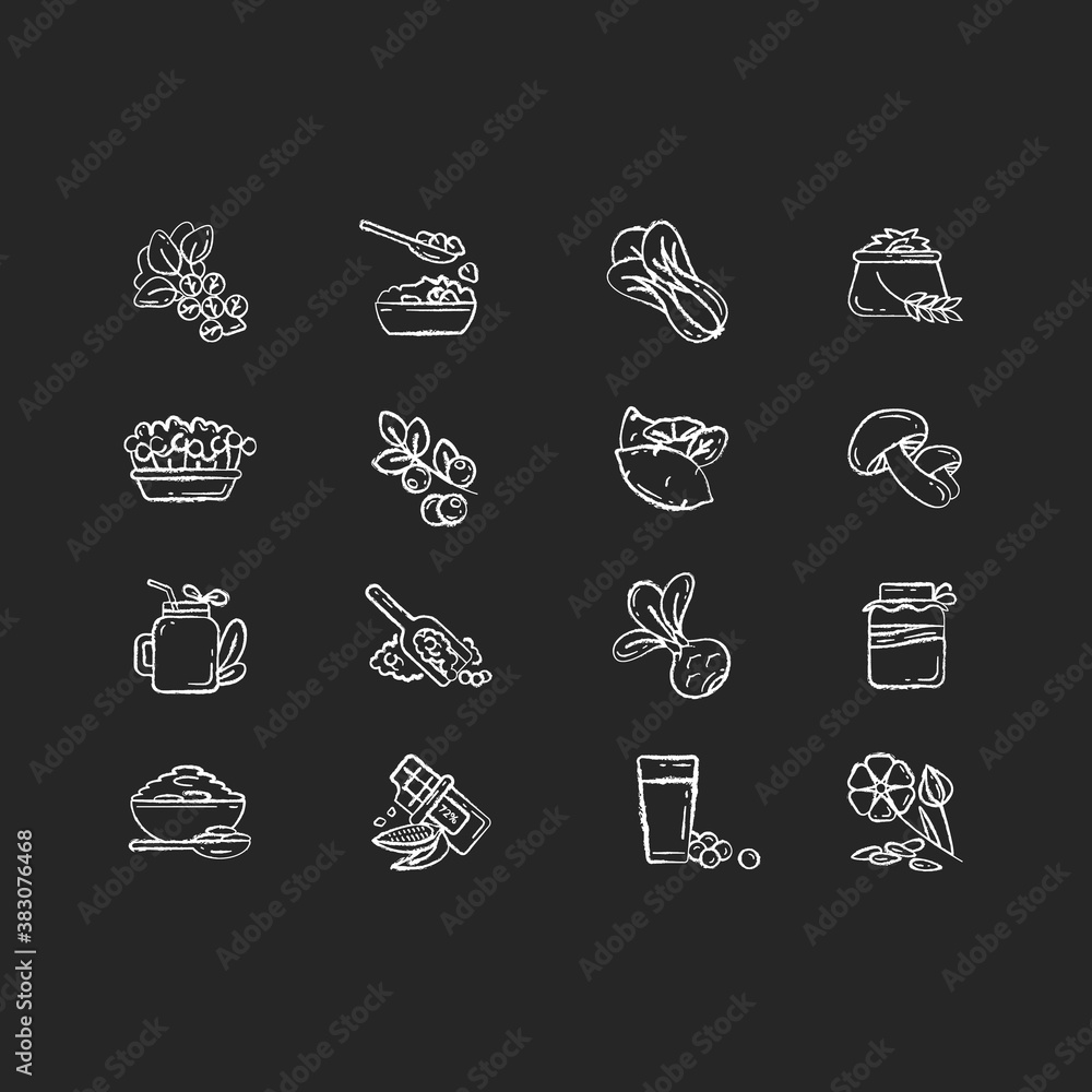 Superfoods variety chalk white icons set on black background. Organic vegetables options. Healthy lifestyle idea. Vegeterian diet dishes planning. Isolated vector chalkboard illustrations Superfoods variety chalk white icons set on black background. Organic vegetables options. Healthy lifestyle idea. Vegeterian diet dishes planning. Isolated vector chalkboard illustrations