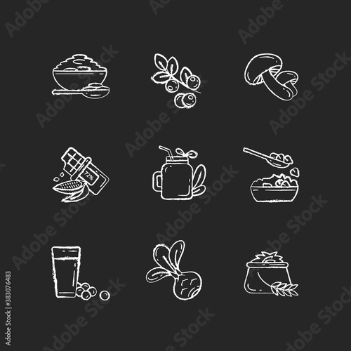 Vegetarian meals chalk white icons set on black background. Healthy grain foods variety. Organic foods ingredients. Tasty eco drinks. Superfoods kinds. Isolated vector chalkboard illustrations