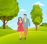 Couple of happy girl and guy walking in park or countryside, people walk at nature hugging each other, woman and man spend leisure time together, outdoors activity, summer view with green hills