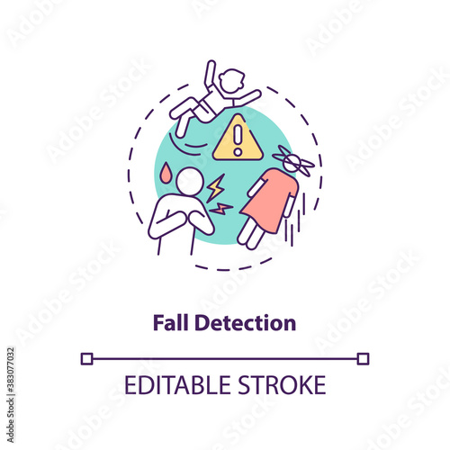 Fall detection concept icon. Health monitoring idea thin line illustration. Safety feature. Medical alarm system. Emergency call. Vector isolated outline RGB color drawing. Editable stroke