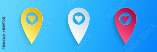 Paper cut Map pointer with heart icon isolated on blue background. Valentines day. Love location. Romantic map pin. Paper art style. Vector.