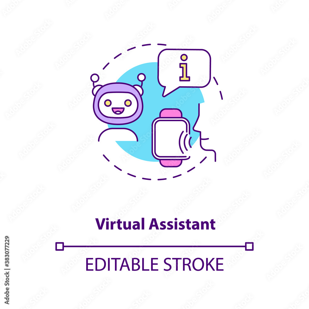 Virtual assistant concept icon. Gadget function idea thin line illustration. Artificial intelligence. Voice-activated speaker. Show info. Vector isolated outline RGB color drawing. Editable stroke Virtual assistant concept icon. Gadget function idea thin line illustration. Artificial intelligence. Voice-activated speaker. Show info. Vector isolated outline RGB color drawing. Editable stroke