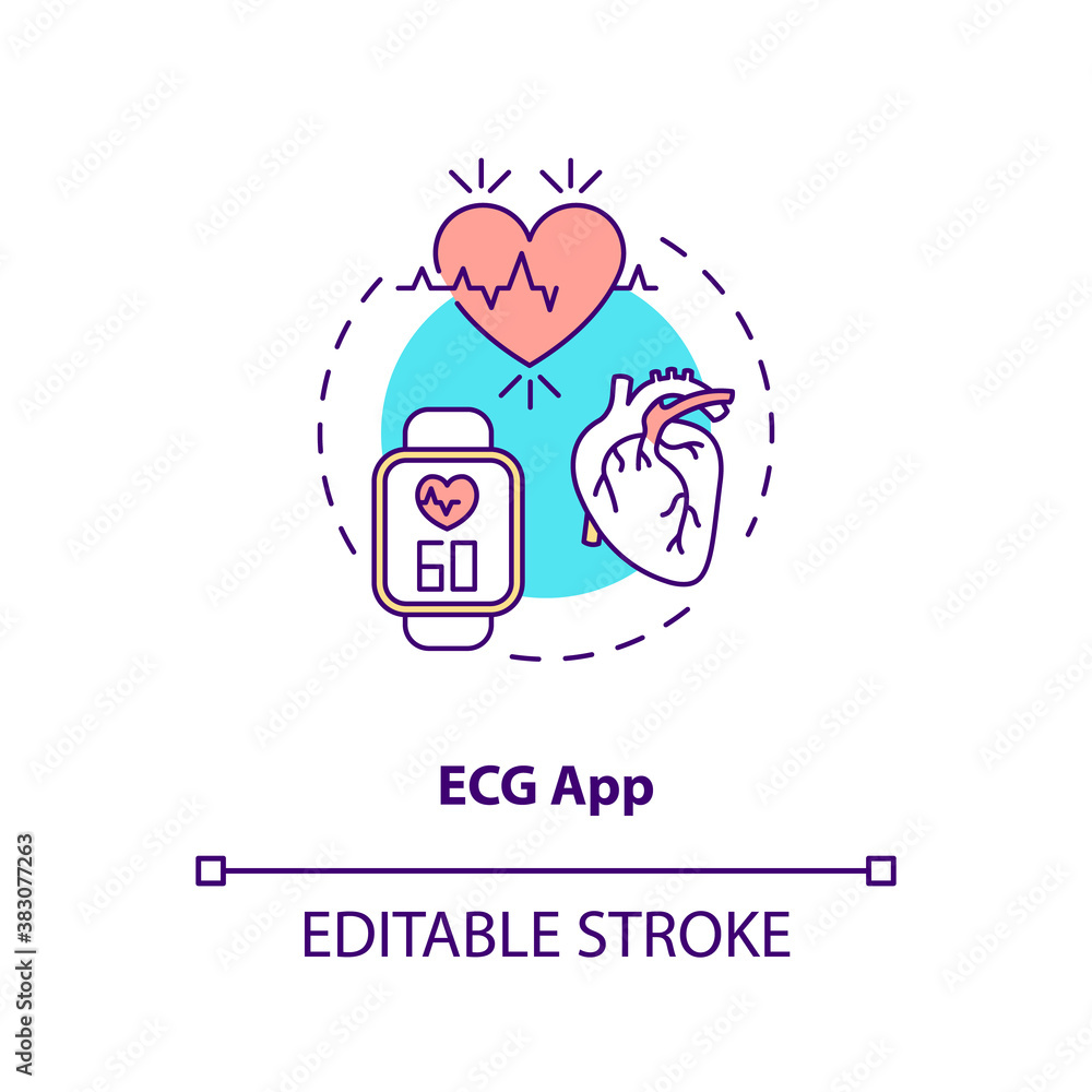 ECG app concept icon. Wearable technology feature idea thin line illustration. Electrocardiogram. Heart rate monitoring. Health tracking. Vector isolated outline RGB color drawing. Editable stroke
