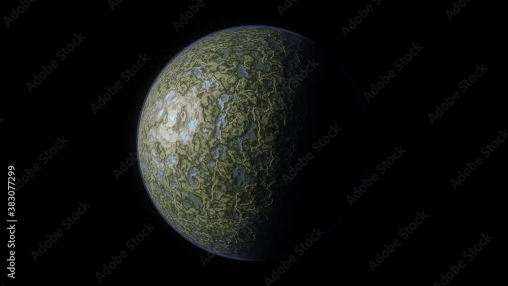 Animated spinning planet occupied entirely with marshlands or swamps or with lots of shallow small lakes and muddy oversoaked greenish lands. With glowing or emitting blue atmosphere. Half illuminated Animated spinning planet occupied entirely with marshlands or swamps or with lots of shallow small lakes and muddy oversoaked greenish lands. With glowing or emitting blue atmosphere. Half illuminated