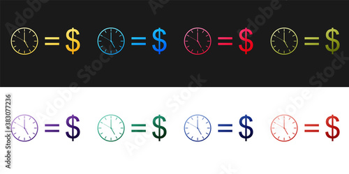 Set Time is money icon isolated on black and white background. Money is time. Effective time management. Convert time to money. Vector.