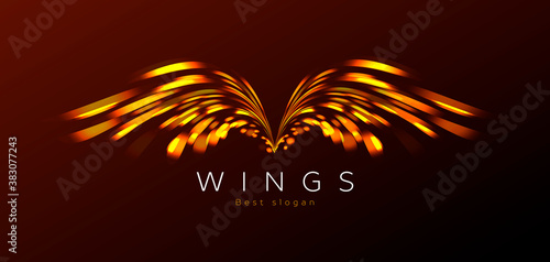 Golden wings made of sparkling lights, blurred flares, logo identity, digital design element