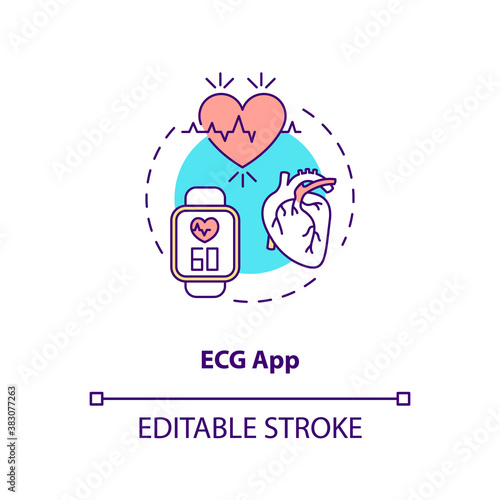 ECG app concept icon. Wearable technology feature idea thin line illustration. Electrocardiogram. Heart rate monitoring. Health tracking. Vector isolated outline RGB color drawing. Editable stroke