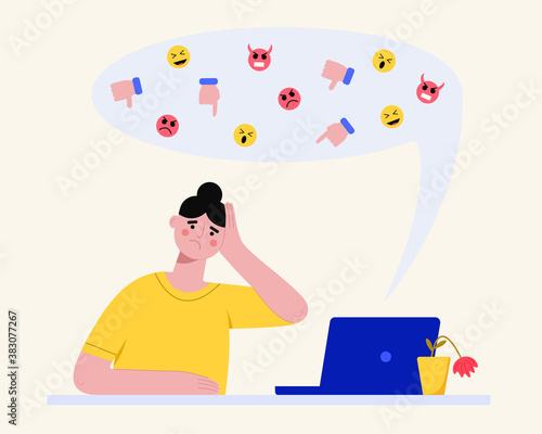 Cyberbullying concept. Upset woman reading abusive online messages at laptop. Vector flat illustration