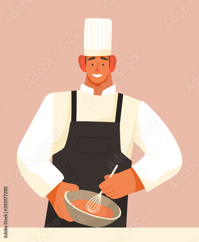 Chef man cook meal, isolated cartoon character smiling, guy mixing ingredients of products in bowl, cooking process, cafe or restaurant concept, wearing cook hat and apron, enjoy of work, hobby time