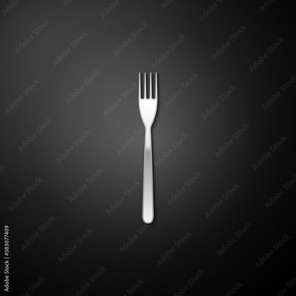 Silver Fork icon isolated on black background. Long shadow style. Vector. Silver Fork icon isolated on black background. Long shadow style. Vector.