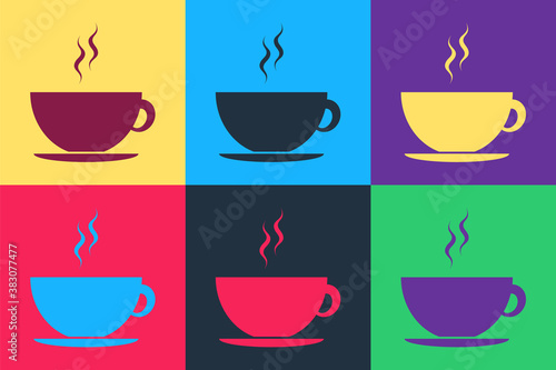 Pop art Coffee cup icon isolated on color background. Tea cup. Hot drink coffee. Vector.