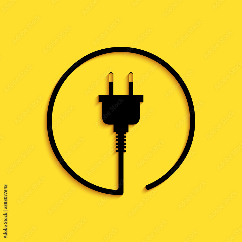 Black Electric plug icon isolated on yellow background. Concept of connection and disconnection of the electricity. Long shadow style. Vector.