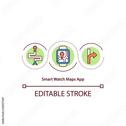 Smart watch maps app concept icon. Geolocation. Location technology. Navigations program idea thin line illustration. Vector isolated outline RGB color drawing. Editable stroke