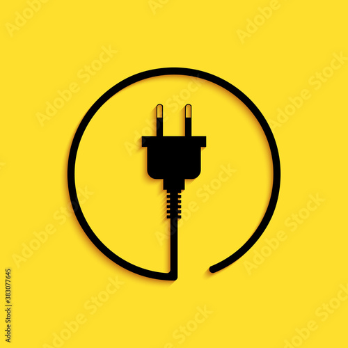 Black Electric plug icon isolated on yellow background. Concept of connection and disconnection of the electricity. Long shadow style. Vector.