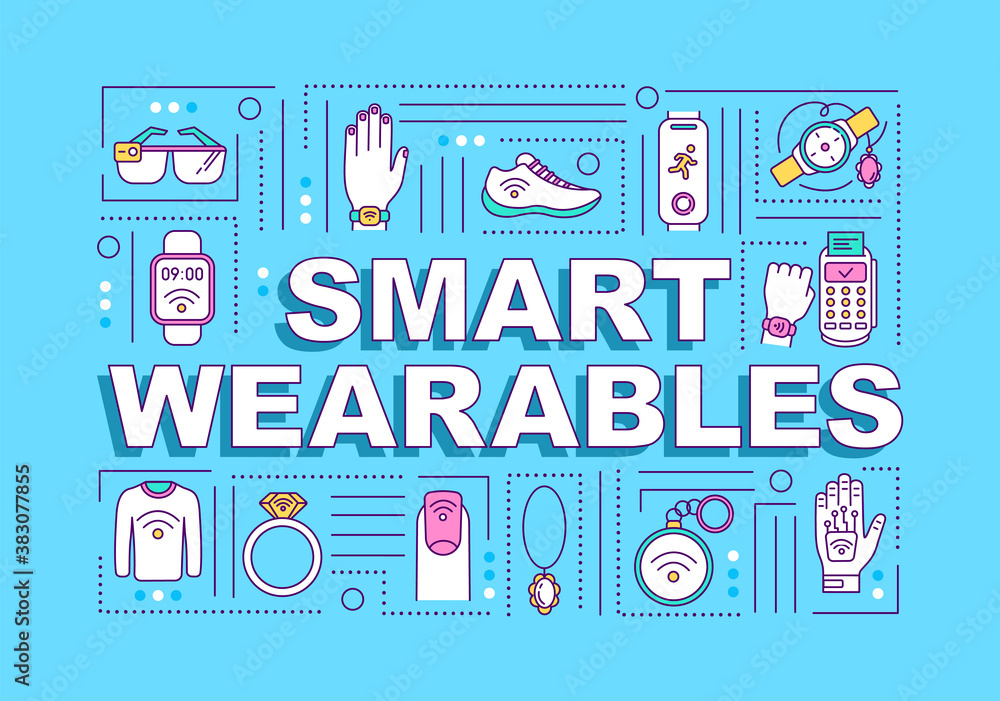 Fototapeta premium Smart wearables word concepts banner. Smart devices, gadget, technology. Infographics with linear icons on purple background. Isolated typography. Vector outline RGB color illustration