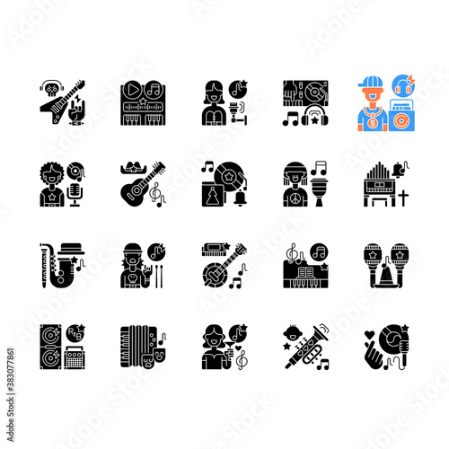 Musical genres black glyph icons set on white space. Heavy metal songs. Different culture. Singing hobby. Latin party. Singers and musical instruments. Silhouette symbols. Vector isolated illustration