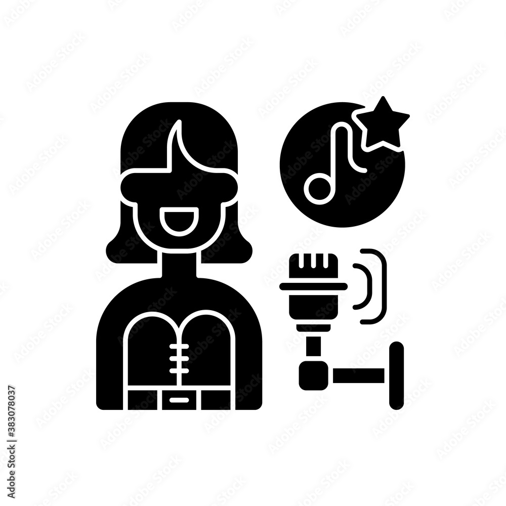 Pop music black glyph icon. Studio microphone. Fancy celebrity in dress. Song notes with stars. Popular singers shows. Silhouette symbol on white space. Vector isolated illustration Pop music black glyph icon. Studio microphone. Fancy celebrity in dress. Song notes with stars. Popular singers shows. Silhouette symbol on white space. Vector isolated illustration