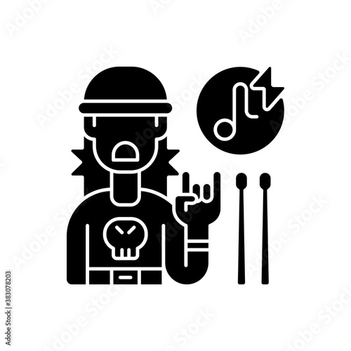 Rock music black glyph icon. Drumer boy in sweatshirt with skull. Wooden drum sticks. Hard songs types. Rock sign showing. Silhouette symbol on white space. Vector isolated illustration