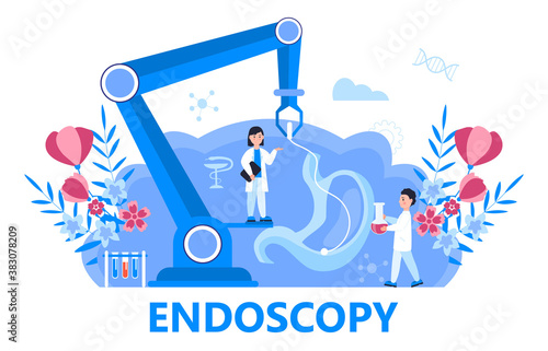 Endoscopy healthcare technology concept vector. Tiny doctors research stomach. Gastroenterology illustration for medical blog website