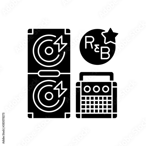 Rhythm and blues black glyph icon. Huge loudspeaker. Song tune instructions. Modern musical genres. Mixer types. Event settings. Silhouette symbol on white space. Vector isolated illustration