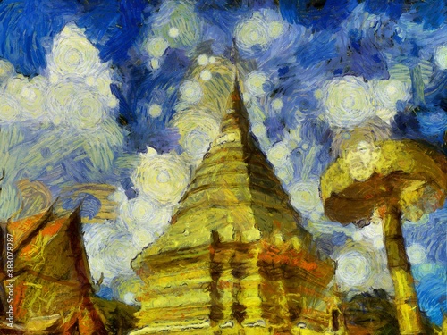 Wat Phra That Doi Suthep temple Illustrations creates ant style impressionis of painting.