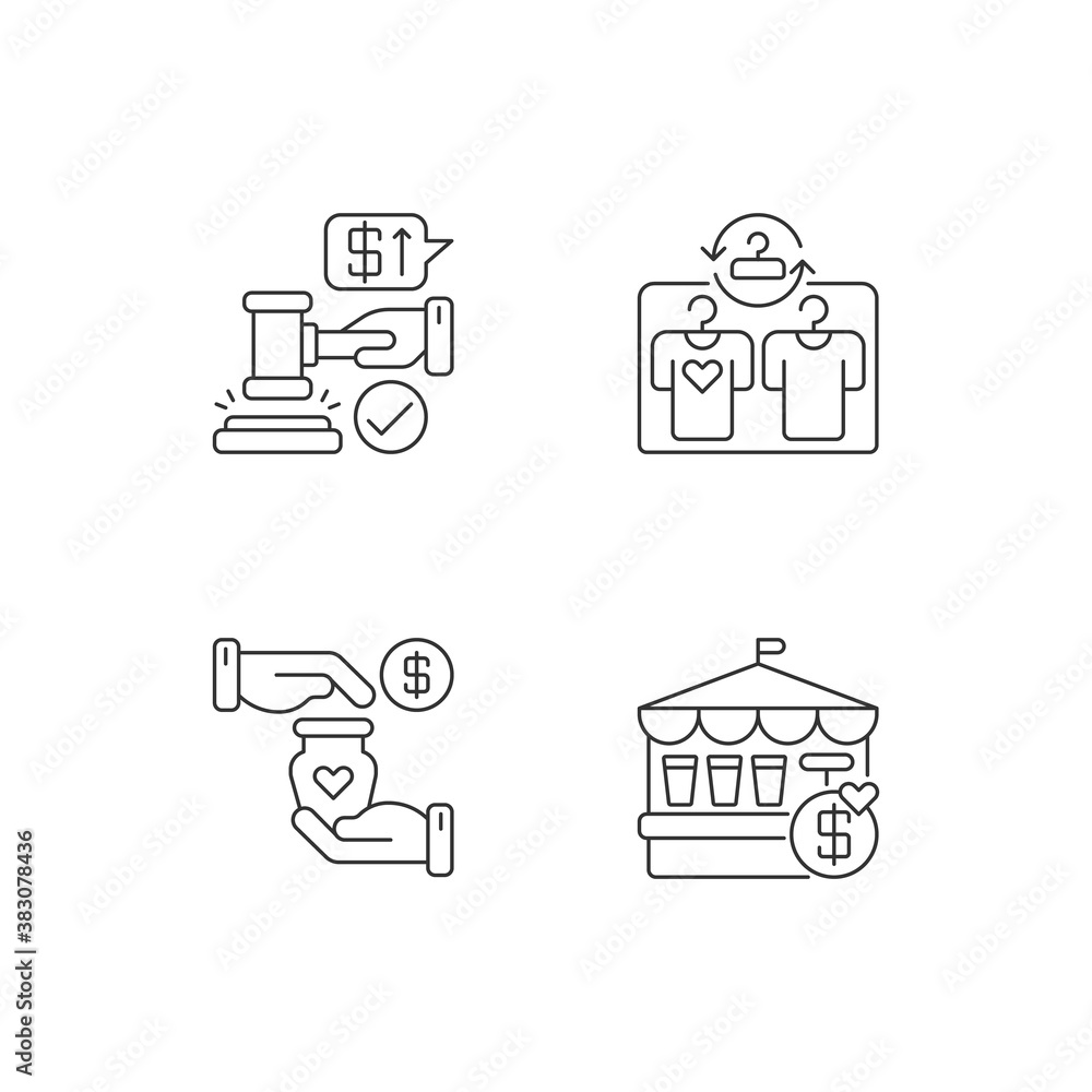 Retail services pixel perfect linear icons set. Auction, second hand store, handicraft market and fete customizable thin line contour symbols. Isolated vector outline illustrations. Editable stroke
