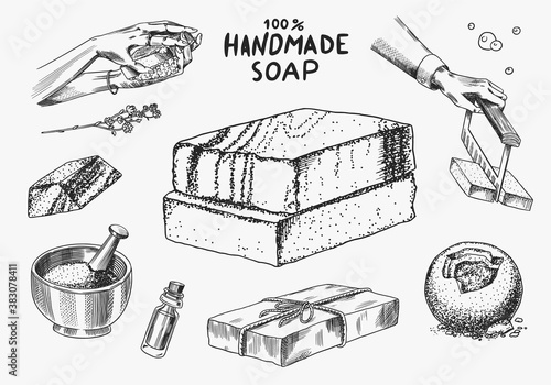 Bar of soap. Washing hands in vintage style. Homemade packaging. Foam production process. Organic Bubble cosmetic, natural lather for Bath. Drawn a monochrome engraved sketch for spa label or banner.