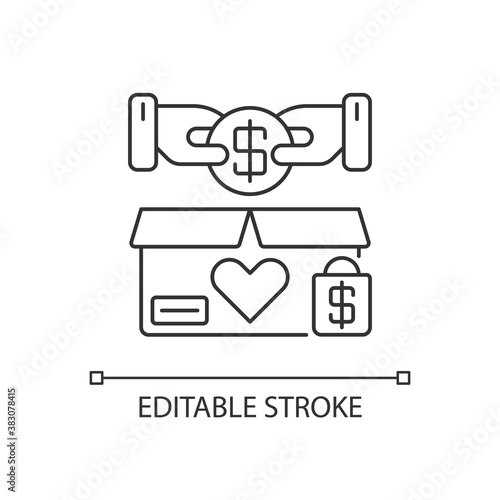 Charity shop pixel perfect linear icon. Charitable sale thin line customizable illustration. Contour symbol. Collecting money for social causes. Vector isolated outline drawing. Editable stroke