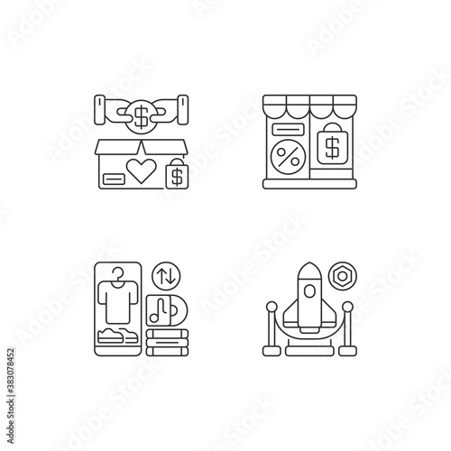Trading pixel perfect linear icons set. Charity shop, outlet store, swap meet and exhibition customizable thin line contour symbols. Isolated vector outline illustrations. Editable stroke