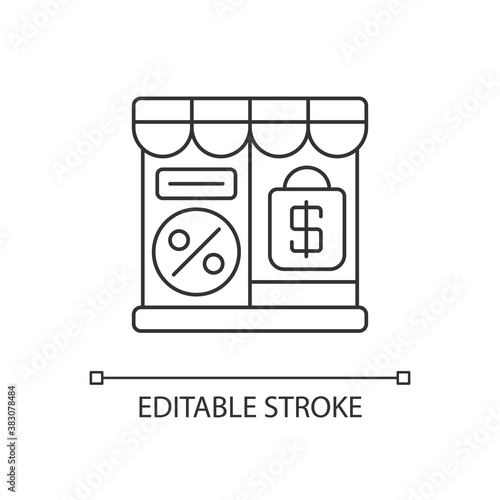 Outlet store pixel perfect linear icon. Retail business, commercial service. consumerism thin line customizable illustration. Contour symbol. Vector isolated outline drawing. Editable stroke