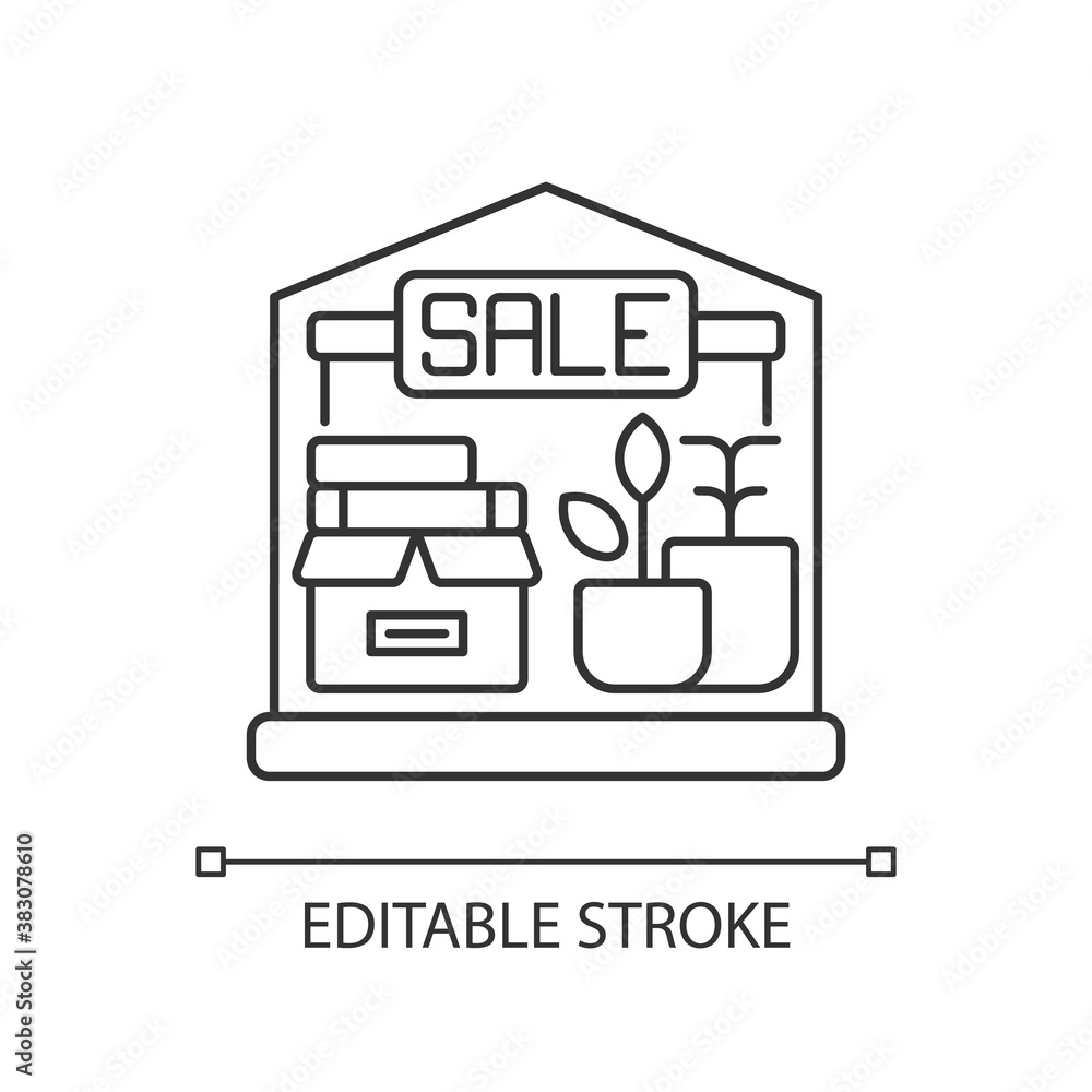 Garage sale pixel perfect linear icon. Flea market, second hand goods at low price. Street sale thin line customizable illustration. Contour symbol. Vector isolated outline drawing. Editable stroke Garage sale pixel perfect linear icon. Flea market, second hand goods at low price. Street sale thin line customizable illustration. Contour symbol. Vector isolated outline drawing. Editable stroke