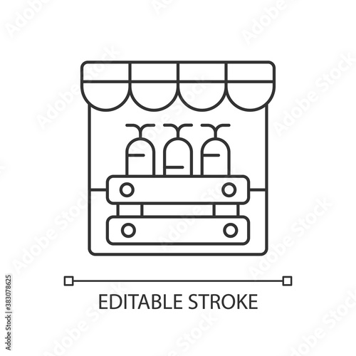 Farmers market pixel perfect linear icon. Grocery shopping, local marketplace. Street bazaar thin line customizable illustration. Contour symbol. Vector isolated outline drawing. Editable stroke