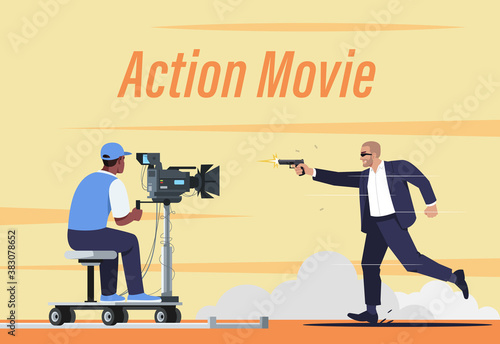 Action movie poster template. Amazing special effects. Commercial flyer design with semi flat illustration. Vector cartoon promo card. Professional acting skills advertising invitation