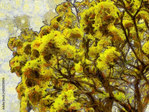 Yellow flowers on the tree Illustrations creates ant style impressionis of painting. photo