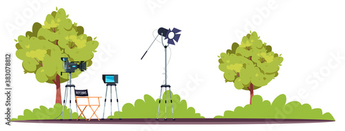 Filming set semi flat RGB color vector illustration. No film crew. Quite park. Empty director chair. Ligths and microphones. Modern movie creation tools isolated cartoon scenery on white background