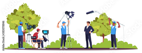 Movie set semi flat RGB color vector illustration. Filming process. Good teamwork. Director with his team members. Professional equipment. Star actor isolated cartoon character on white background