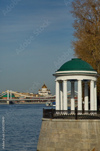 View of the Cathedral of Christ the Savior from the embankment of the Moscow River.