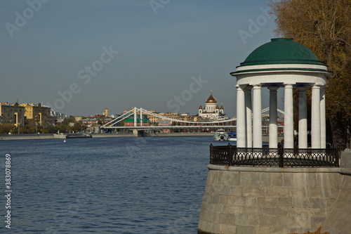 View of the Cathedral of Christ the Savior from the embankment of the Moscow River.