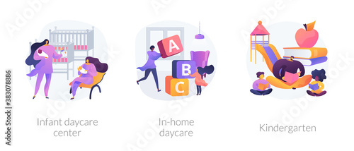 Child care abstract concept vector illustration set. Infant daycare center, in-home daycare, kindergarten,early kid development, nursery home, early education, preschool program abstract metaphor.
