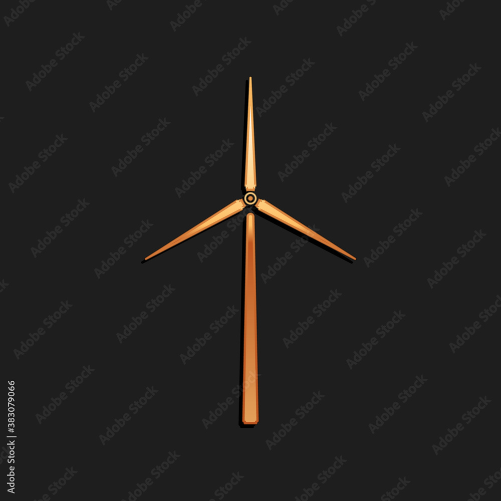 Gold Wind turbine icon isolated on black background. Wind generator sign. Windmill silhouette. Windmills for electric power production. Long shadow style. Vector. Gold Wind turbine icon isolated on black background. Wind generator sign. Windmill silhouette. Windmills for electric power production. Long shadow style. Vector.