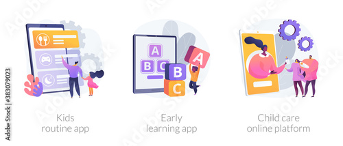 Online childcare service abstract concept vector illustration set. Kids routine app, early learning app, child care search platform, activity tracking, studying software, babysitter abstract metaphor.
