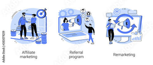 Internet promotion strategy abstract concept vector illustration set. Affiliate marketing, referral program, remarketing, online sales management, targeted advertising, loyalty abstract metaphor.