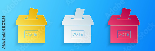 Paper cut Vote box or ballot box with envelope icon isolated on blue background. Paper art style. Vector.