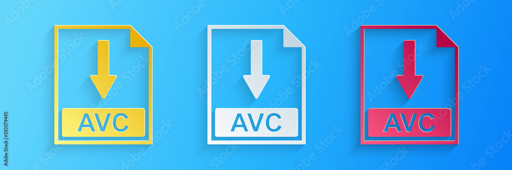 Paper cut AVC file document icon. Download AVC button icon isolated on blue background. Paper art style. Vector. Paper cut AVC file document icon. Download AVC button icon isolated on blue background. Paper art style. Vector.