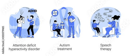 Children development issues abstract concept vector illustration set. Attention deficit hyperactivity disorder, autism treatment, speech therapy, hyperactivity, cognitive disability abstract metaphor.